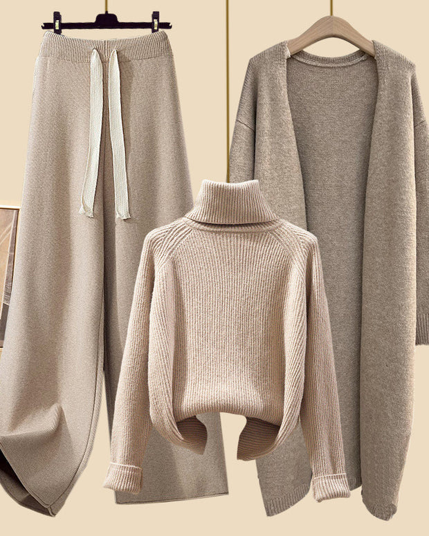 「タイムセール中！」3点セット ロングカーディガン + ハイネック ニット + ワイドパンツ レディース セットアップ ゆったり 体型カバー 上品 シンプル 大人カジュアル 通勤 デイリー お出かけ 秋冬コーデ 暖かい 楽ちん トレンド おしゃれ ID2219