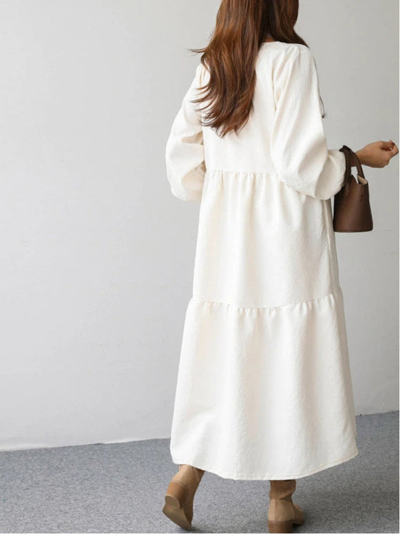 ロングワンピース レディース 長袖 無地 シンプル 体型カバー ゆったり フレア 上品 きれいめ ナチュラル カジュアル 秋冬 新作 ID1909
