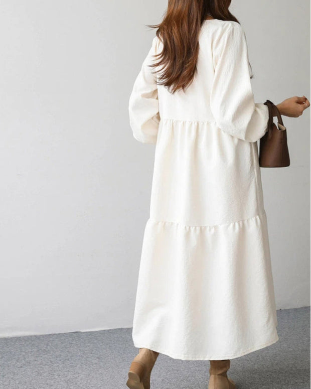 ロングワンピース レディース 長袖 無地 シンプル 体型カバー ゆったり フレア 上品 きれいめ ナチュラル カジュアル 秋冬 新作 ID1909