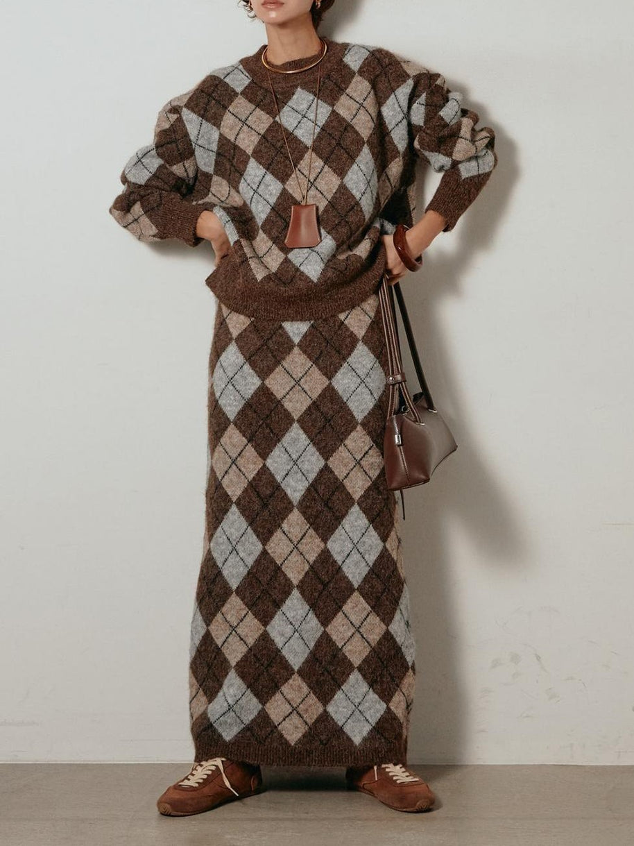 アーガイル柄 ニットセットアップ レディース 長袖 プルオーバー ニットトップス＋ロングスカート 2点セット 体型カバー 大人カジュアル 上品 きれいめ 秋冬 新作 ID2011