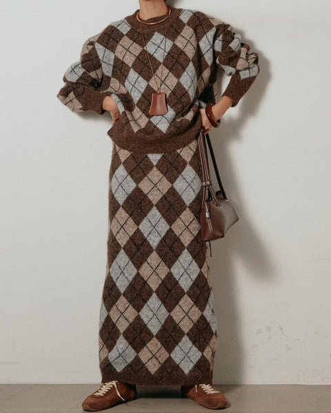 アーガイル柄 ニットセットアップ レディース 長袖 プルオーバー ニットトップス＋ロングスカート 2点セット 体型カバー 大人カジュアル 上品 きれいめ 秋冬 新作 ID2011
