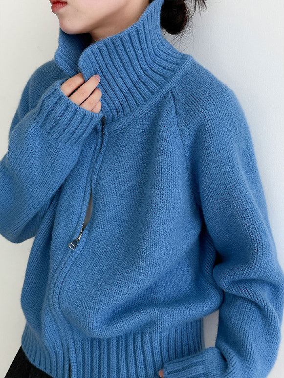 ダブルジッパー ニット カーディガン レディース ゆったり 柔らかい シンプル 体型カバー おしゃれ カジュアル 通勤 秋冬コーデ に最適 ベーシックアウター 上品 デイリーに使える ジップアップニット ID2316