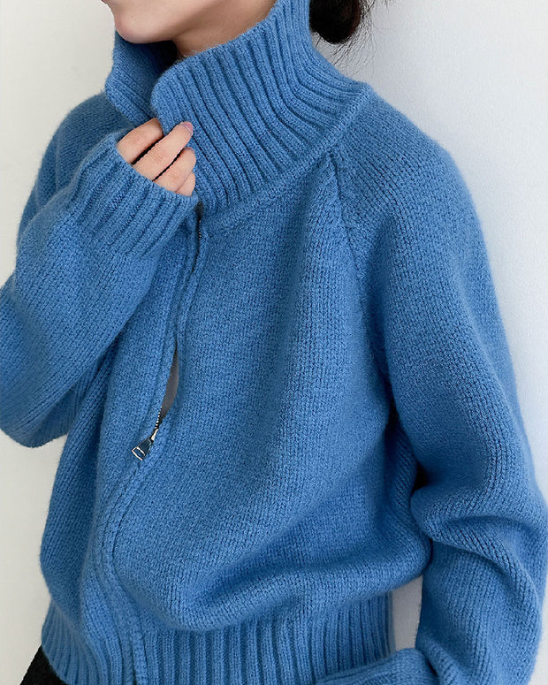 ダブルジッパー ニット カーディガン レディース ゆったり 柔らかい シンプル 体型カバー おしゃれ カジュアル 通勤 秋冬コーデ に最適 ベーシックアウター 上品 デイリーに使える ジップアップニット ID2316