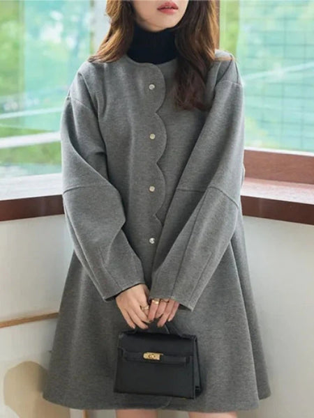 スカラップ デザイン ウールコート レディース ロング丈 ゆったり シンプル 上品 かわいい 大人女子 通勤 秋冬 新作 ID2154