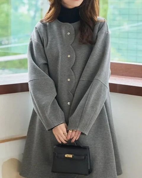 スカラップ デザイン ウールコート レディース ロング丈 ゆったり シンプル 上品 かわいい 大人女子 通勤 秋冬 新作 ID2154