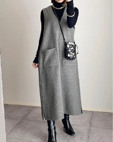 Vネック ワンピース レディース きれいめ すっきり スリット 高見え 体型カバー 30代 40代 50代 ロングワンピース 秋 冬 春　ID1849