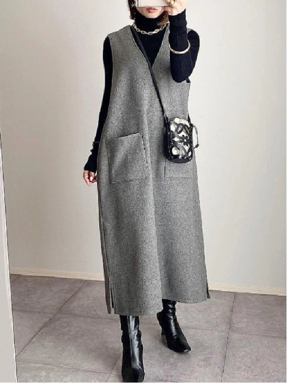 Vネック ワンピース レディース きれいめ すっきり スリット 高見え 体型カバー 30代 40代 50代 ロングワンピース 秋 冬 春　ID1849