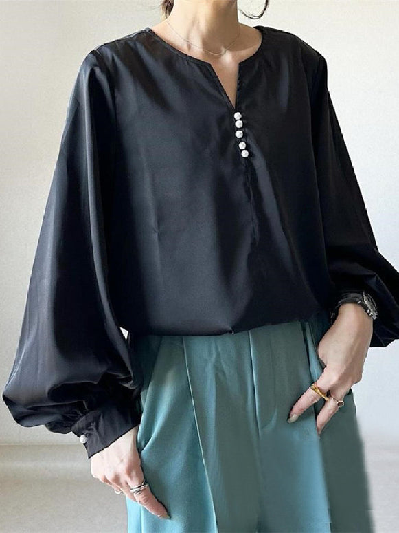 ブラウス レディース Vネック 長袖 シャツ ゆったり 体型カバー パールボタン おしゃれ 通勤 オフィス カジュアル フォーマル 春 秋 冬 ID1572