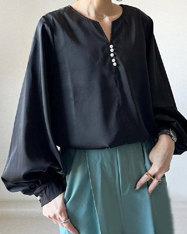 ブラウス レディース Vネック 長袖 シャツ ゆったり 体型カバー パールボタン おしゃれ 通勤 オフィス カジュアル フォーマル 春 秋 冬 ID1572