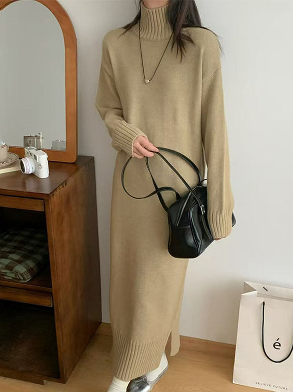 ハイネック ニットワンピース レディース ロング丈 ゆったり シンプル 無地 体型カバー きれいめ カジュアル 暖かい 秋冬 大人可愛い 新作 ID1919