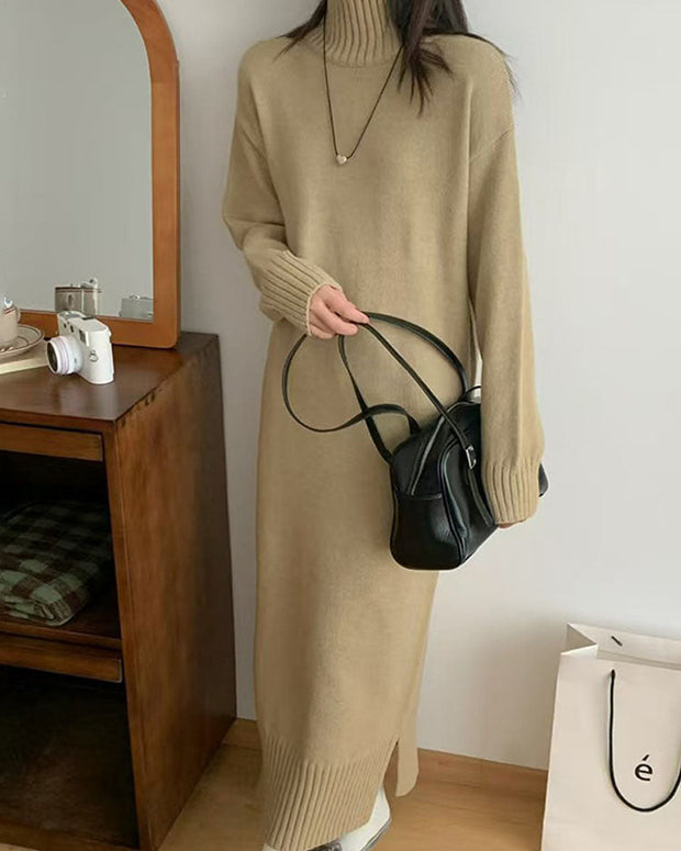 ハイネック ニットワンピース レディース ロング丈 ゆったり シンプル 無地 体型カバー きれいめ カジュアル 暖かい 秋冬 大人可愛い 新作 ID1919