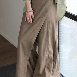綿麻 スカンツ レディース ワイドパンツ ガウチョパンツ ロング丈 体型カバー ゆったり 楽ちん ウエストゴム 大人カジュアル 通勤 通学 春夏秋 人気 おしゃれ ボトムス ID1763