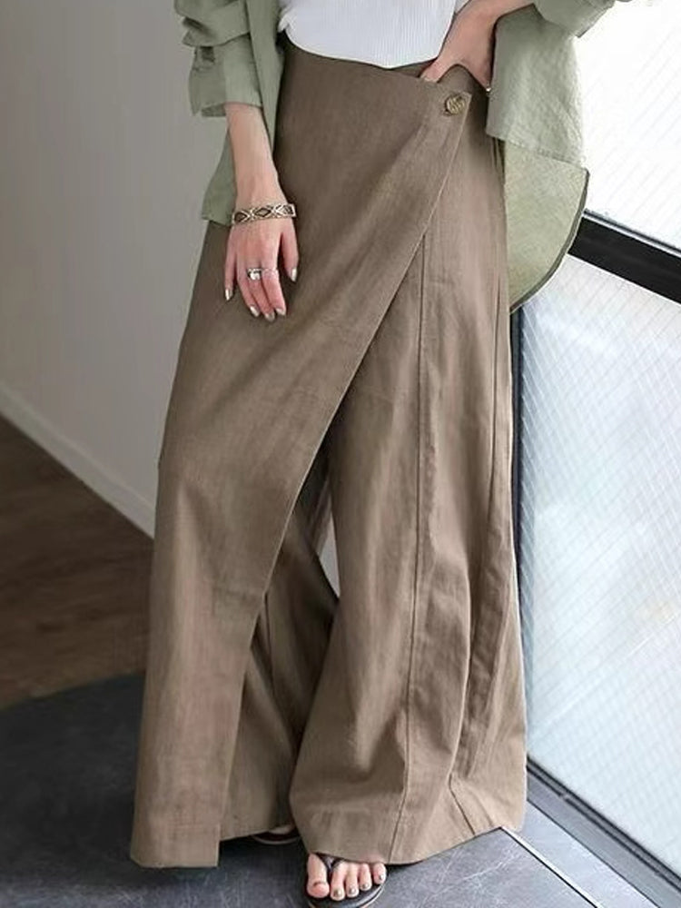 綿麻 スカンツ レディース ワイドパンツ ガウチョパンツ ロング丈 体型カバー ゆったり 楽ちん ウエストゴム 大人カジュアル 通勤 通学 春夏秋 人気 おしゃれ ボトムス ID1763