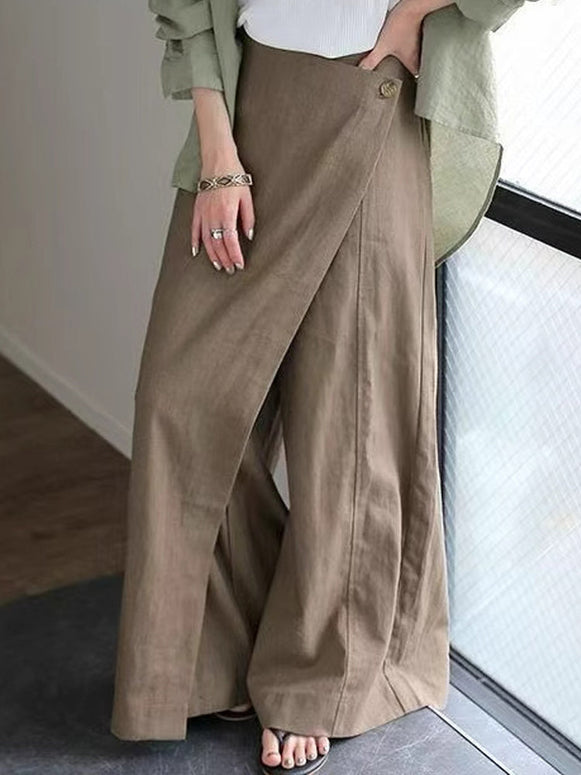 綿麻 スカンツ レディース ワイドパンツ ガウチョパンツ ロング丈 体型カバー ゆったり 楽ちん ウエストゴム 大人カジュアル 通勤 通学 春夏秋 人気 おしゃれ ボトムス ID1763