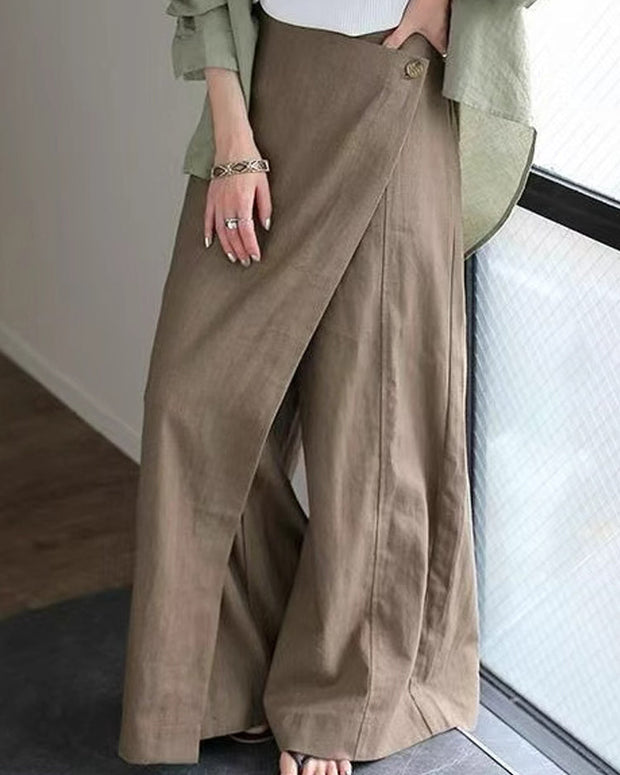 綿麻 スカンツ レディース ワイドパンツ ガウチョパンツ ロング丈 体型カバー ゆったり 楽ちん ウエストゴム 大人カジュアル 通勤 通学 春夏秋 人気 おしゃれ ボトムス ID1763