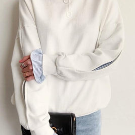 ID103 Sweatshirt Patchwork Design Round Neck Long Sleeve Top White and Blue Color Casual Comfortable Fashionable Loose Fit Daily Outfit 