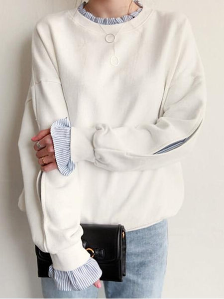 ID103 Sweatshirt Patchwork Design Round Neck Long Sleeve Top White and Blue Color Casual Comfortable Fashionable Loose Fit Daily Outfit 