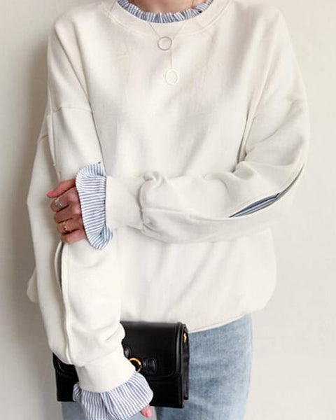 ID103 Sweatshirt Patchwork Design Round Neck Long Sleeve Top White and Blue Color Casual Comfortable Fashionable Loose Fit Daily Outfit 