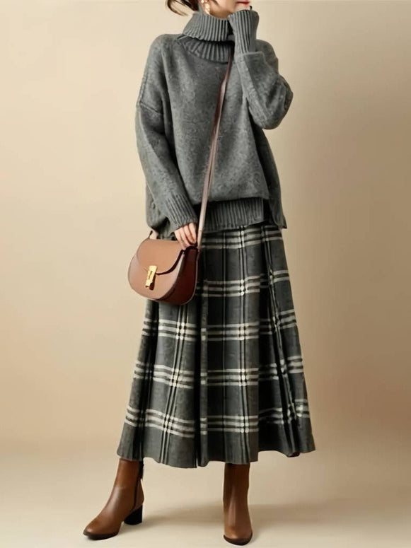 2点セット ニット セーター + チェック柄 ロングスカート ハイネック ゆったり 体型カバー 上品 きれいめ 通勤 通学 デート 秋冬 新作 人気 セットアップ レディース ID1968