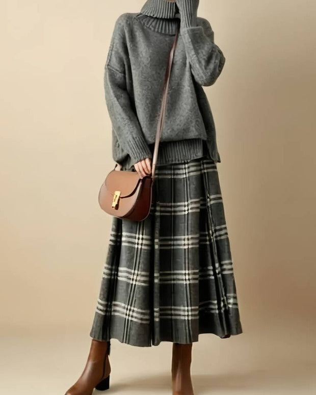 2点セット ニット セーター + チェック柄 ロングスカート ハイネック ゆったり 体型カバー 上品 きれいめ 通勤 通学 デート 秋冬 新作 人気 セットアップ レディース ID1968