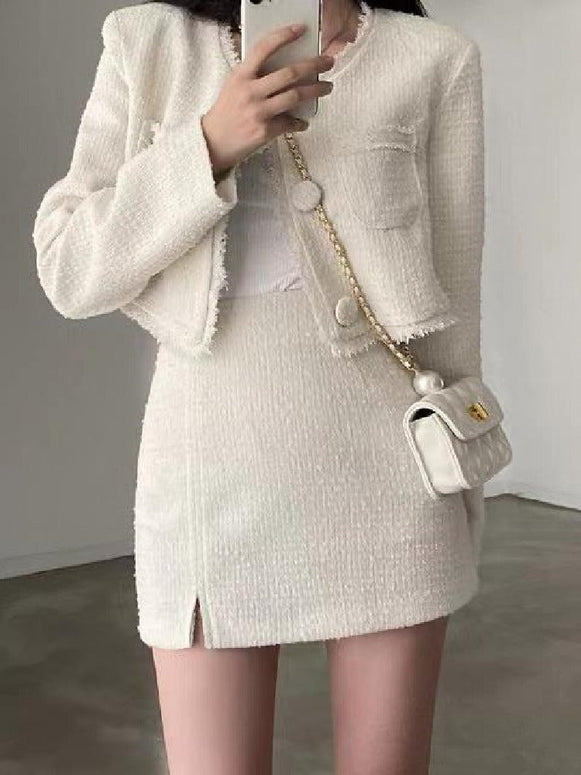 【単品販売】秋 新作 ツイードセットアップ レディース ノーカラー ミニスカート Aライン エレガント シャネル風 上下セット アンサンブル パーティー 高級感 ID1459
