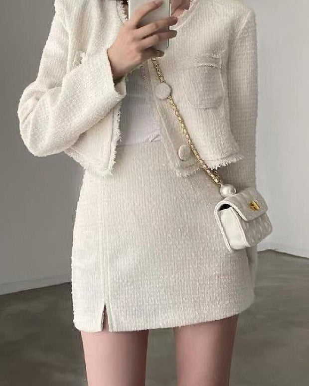 【単品販売】秋 新作 ツイードセットアップ レディース ノーカラー ミニスカート Aライン エレガント シャネル風 上下セット アンサンブル パーティー 高級感 ID1459