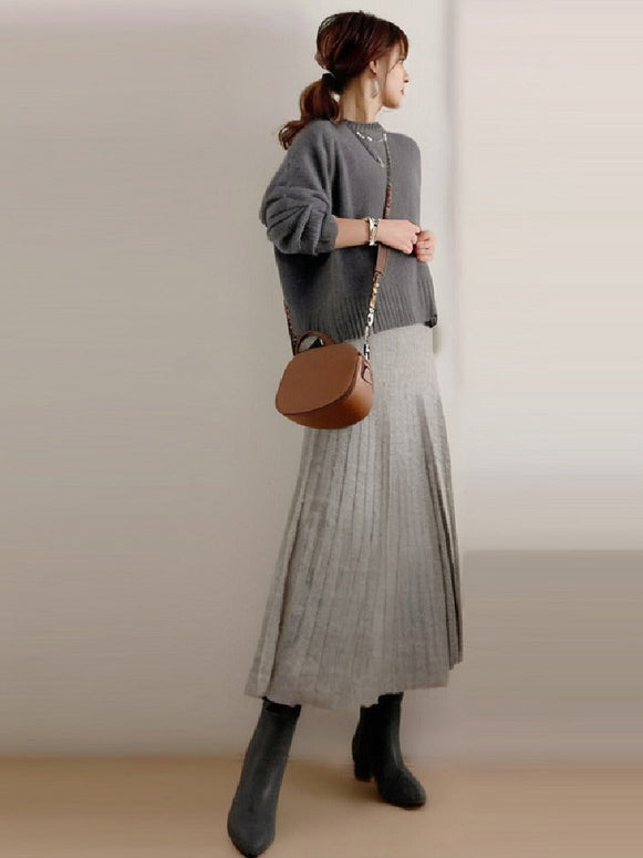 【着回し力抜群】【2点SET】見逃し厳禁 無地 ニット+ロング ギャザー スカート ワンピースセット ID1677