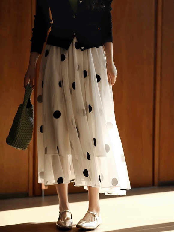 【466】ドット柄 チュールスカート レディース モノトーン 黒白 ウエストゴム ロング丈 ふんわりシルエット 体型カバー 大人可愛い 2025春夏新作