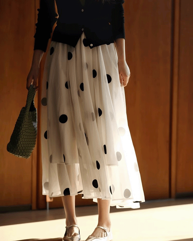 【466】ドット柄 チュールスカート レディース モノトーン 黒白 ウエストゴム ロング丈 ふんわりシルエット 体型カバー 大人可愛い 2025春夏新作