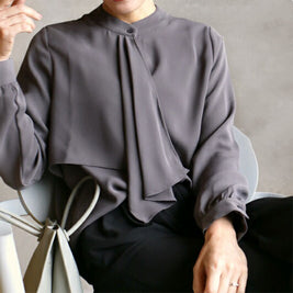 ID89 Shirt Design Small Collar Ribbon Long Sleeve Top Elegant Clean Office Casual Coordination 