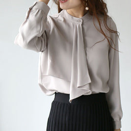 ID89 Shirt Design Small Collar Ribbon Long Sleeve Top Elegant Clean Office Casual Coordination 