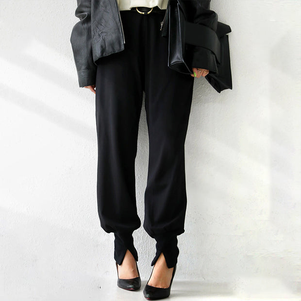 大人気!! 美脚パンツ ハイウエスト ベルト付き テーパードデザイン リブ素材 裾スリット入り 9分丈 スリム見え きれいめ系 通勤 おしゃれ ID308