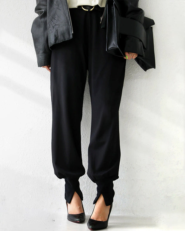 大人気!! 美脚パンツ ハイウエスト ベルト付き テーパードデザイン リブ素材 裾スリット入り 9分丈 スリム見え きれいめ系 通勤 おしゃれ ID308