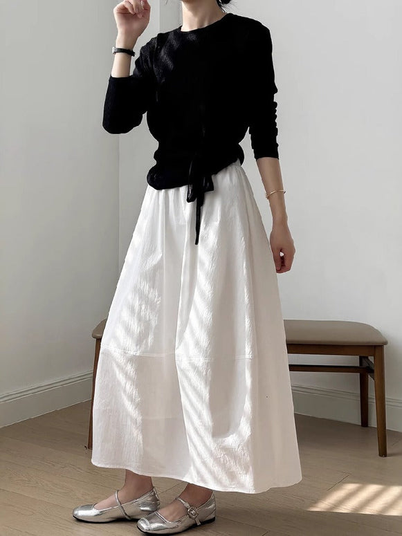 スリム見え ハイウエスト 白 ミディスカート Aライン フレアスカート 休み ストール生地 ロングスカート シルエット抜群 ID993