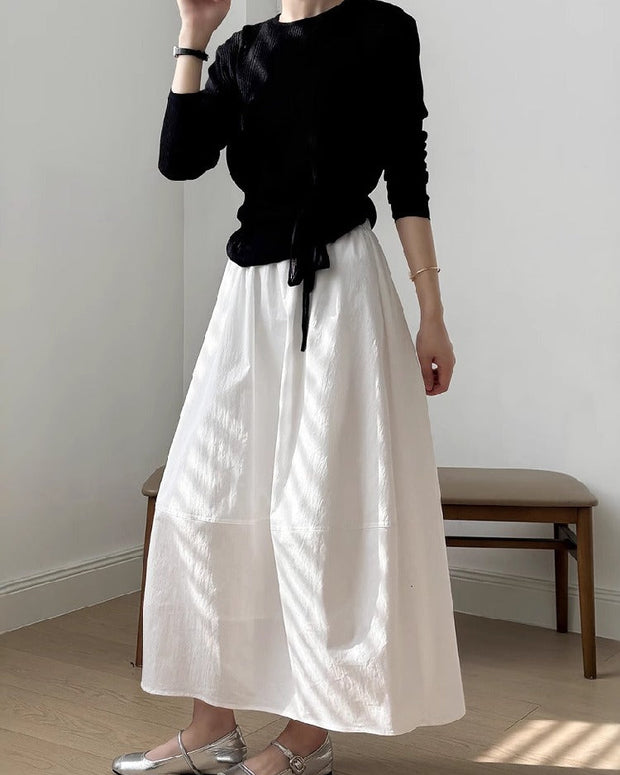 スリム見え ハイウエスト 白 ミディスカート Aライン フレアスカート 休み ストール生地 ロングスカート シルエット抜群 ID993