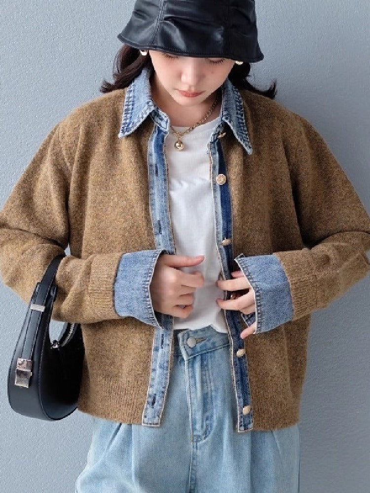 「大特価セール」3色展開 デニム切替 フェイク カーディガン レイヤード デニム襟  カーディガン 暖かい ファッション カジュアル 春 秋 冬 ID1793