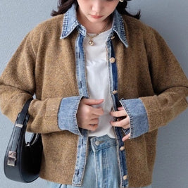 「大特価セール」3色展開 デニム切替 フェイク カーディガン レイヤード デニム襟  カーディガン 暖かい ファッション カジュアル 春 秋 冬 ID1793