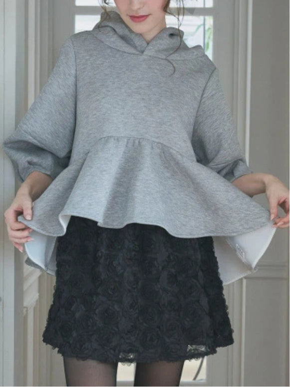 ペプラム フリル パーカー レディース 長袖 フード付き ゆったり シンプル ガーリー カジュアル スウェット トップス 秋冬 新作 ID2168