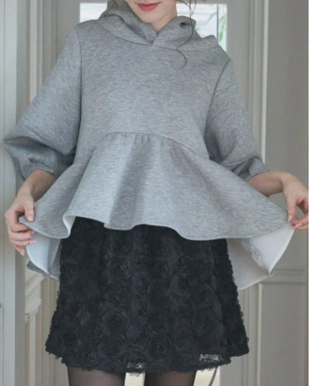 ペプラム フリル パーカー レディース 長袖 フード付き ゆったり シンプル ガーリー カジュアル スウェット トップス 秋冬 新作 ID2168