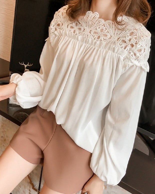 長袖 Tシャツ レディース レース編み 刺繍 デザイン シフォン ブラウス フェミニン おしゃれ きれいめ 上品 通勤 オフィス カジュアル 体型カバー 春秋コーデ 大人女子 人気 トップス 着回し抜群 秋冬 新作 ID1347