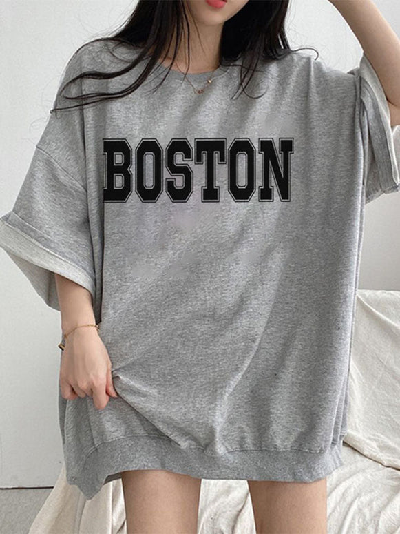 【199】[ランキング急上昇中！] 5分袖 ロゴプリント スウェット トップス オーバーサイズ 半袖 Tシャツ レディース ラウンドネック 体型をカバー シンプル