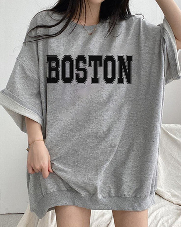 【199】[ランキング急上昇中！] 5分袖 ロゴプリント スウェット トップス オーバーサイズ 半袖 Tシャツ レディース ラウンドネック 体型をカバー シンプル