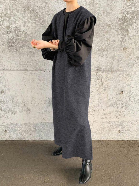 4色展開 ラシャ ジレ ワンピース レディース Vネック ロング丈 ノースリーブ ジャンパースカート 重ね着風 体型カバー ゆったり シンプル おしゃれ 春秋 大人カジュアル マキシ丈 ID1774