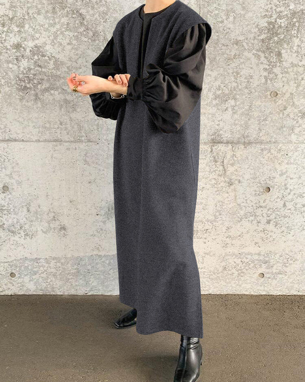 4色展開 ラシャ ジレ ワンピース レディース Vネック ロング丈 ノースリーブ ジャンパースカート 重ね着風 体型カバー ゆったり シンプル おしゃれ 春秋 大人カジュアル マキシ丈 ID1774