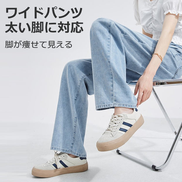 パンツ デニム ハイウエスト ストレート ワイドパンツ 大きいサイズ ゆったり とろみ素材 夏秋 ロング丈 カジュアル おしゃれ レディース ID345