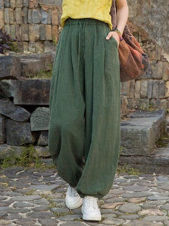 綿麻 パンツ レディース ワイドパンツ 長ズボン ゆったり ウエストゴム 調整可能 ポケット付き カジュアル 体型カバー 涼しい リラックスパンツ ルームウェア 外出 旅行 散歩 3色展開 ID1466