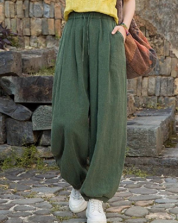 綿麻 パンツ レディース ワイドパンツ 長ズボン ゆったり ウエストゴム 調整可能 ポケット付き カジュアル 体型カバー 涼しい リラックスパンツ ルームウェア 外出 旅行 散歩 3色展開 ID1466