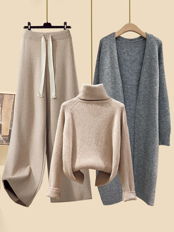「タイムセール中！」3点セット ロングカーディガン + ハイネック ニット + ワイドパンツ レディース セットアップ ゆったり 体型カバー 上品 シンプル 大人カジュアル 通勤 デイリー お出かけ 秋冬コーデ 暖かい 楽ちん トレンド おしゃれ ID2219