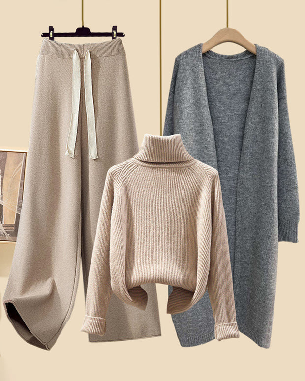 「タイムセール中！」3点セット ロングカーディガン + ハイネック ニット + ワイドパンツ レディース セットアップ ゆったり 体型カバー 上品 シンプル 大人カジュアル 通勤 デイリー お出かけ 秋冬コーデ 暖かい 楽ちん トレンド おしゃれ ID2219