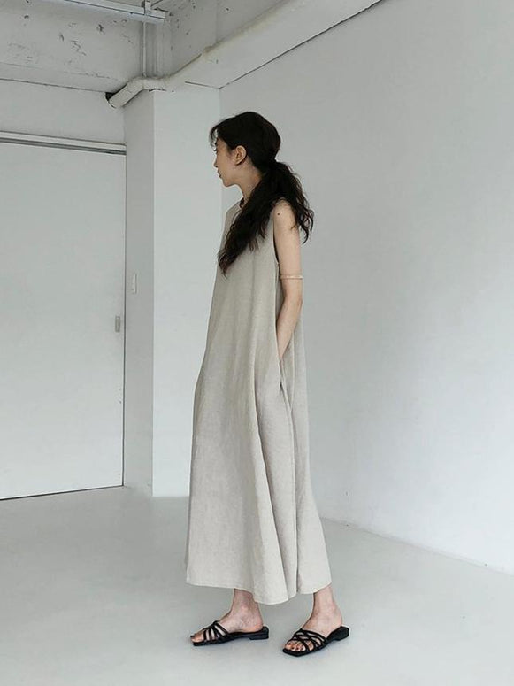 【642】7色展開 S〜4XL対応 コットンリネン ワンピース レディース ノースリーブ ロング丈 ゆったりシルエット 夏 新作 体型カバー 大人カジュアル